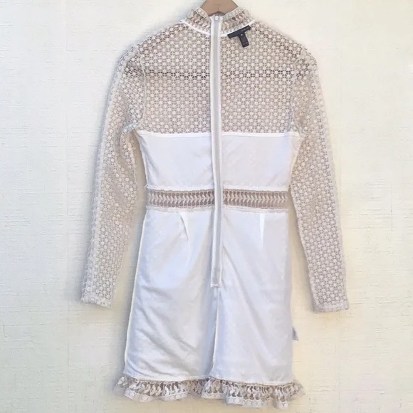 AQUA ivory crochet knit lace sheer long sleeve ruffle tier layered dress - Picture 5 of 16